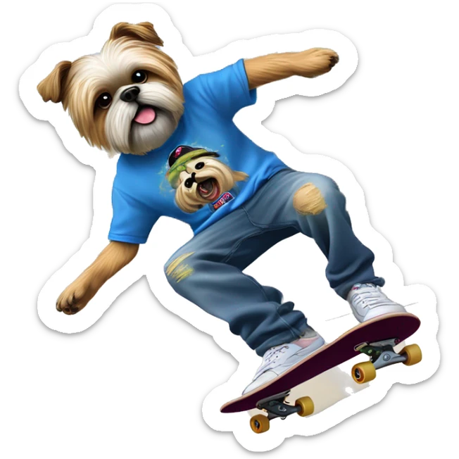 shi tzu wearing jnco jeans and limp bizkit graphic tee while skateboarding and doing a kickflip sticker