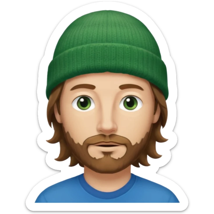 white man
aged 40
Blue eyes, 
mid length brown wavy hair
Green beanie hat
Stubble sticker
