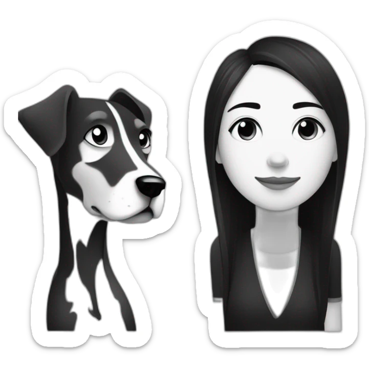 dog and a dark-haired girl looking at each other in style of ((sarah andersen)), black and white sticker