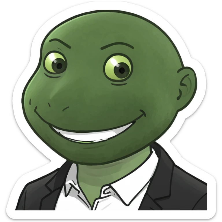 Fat white man, black hair parted in the middle to the shoulders smiling, white shirt and black jacket sticker