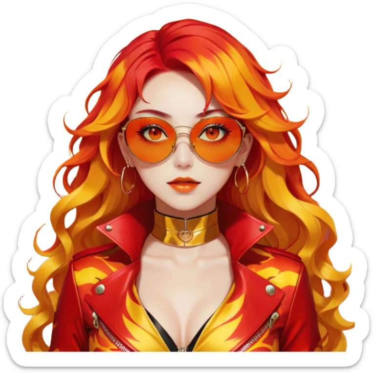 Beautiful gorgeous anime lady with beautiful fiery long warm-red-orange-yellow-gradient-wavy-special-hair, fashion aesthetic, slim red-tinted-sunglasses, accessories, gold jewelries, red-and-yellow sunny-pattern-eyes, black latex-suit, biker-woman, cool, badass, gold-sun-shaped-earrings, ahoge sticker