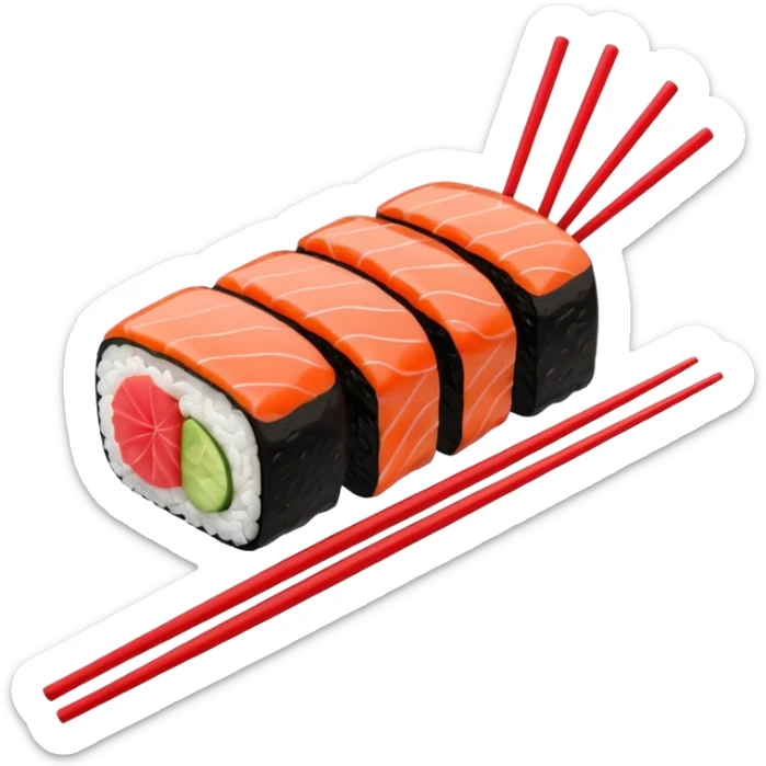 Japanese cuisine humanless avatar in minimalist emoji-style illustration. Sushi, roll and 2 chopsticks, clean lines, red white colors, flat design, calm and modern. sticker
