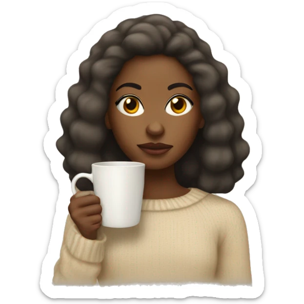 Black girl with a blowout giving a side eye wearing a beige jumper and holding a Christmas mug sticker