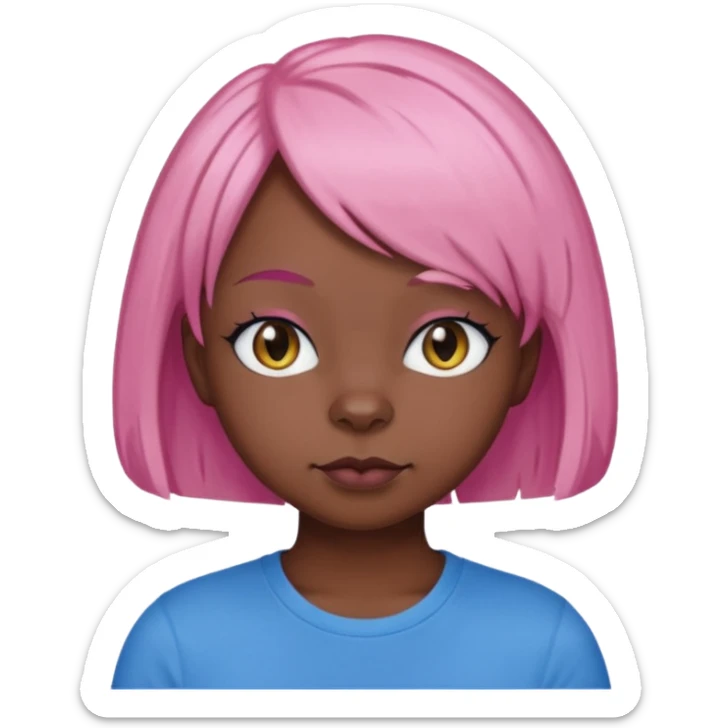Black cat wearing a short pink hair wig, blue T-shirt sticker