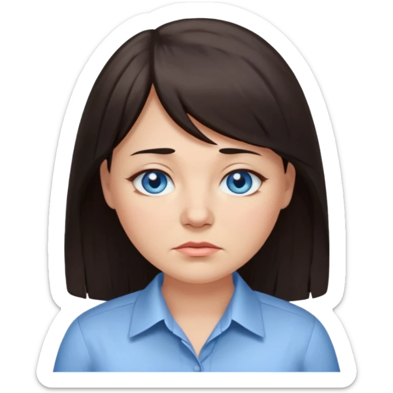 40 yr old woman, blue eyes, long straight dark brown hair, business shirt, chubby, bangs, long hair, tired sticker