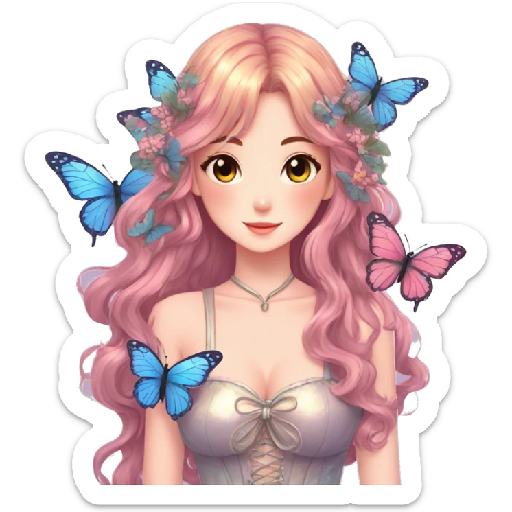 gorgeous shiny anime lady with butterflies and beautiful hair fairycore cottagecore high quality detailed sticker