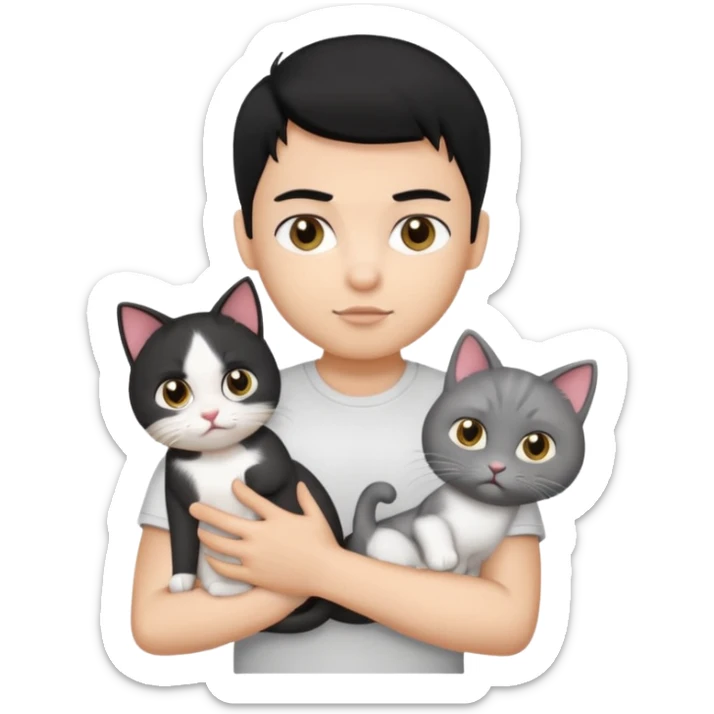 generate a pretty bratz emoji of a boy with black hair wearing a white tshirt and holding a cat in his right hand sticker