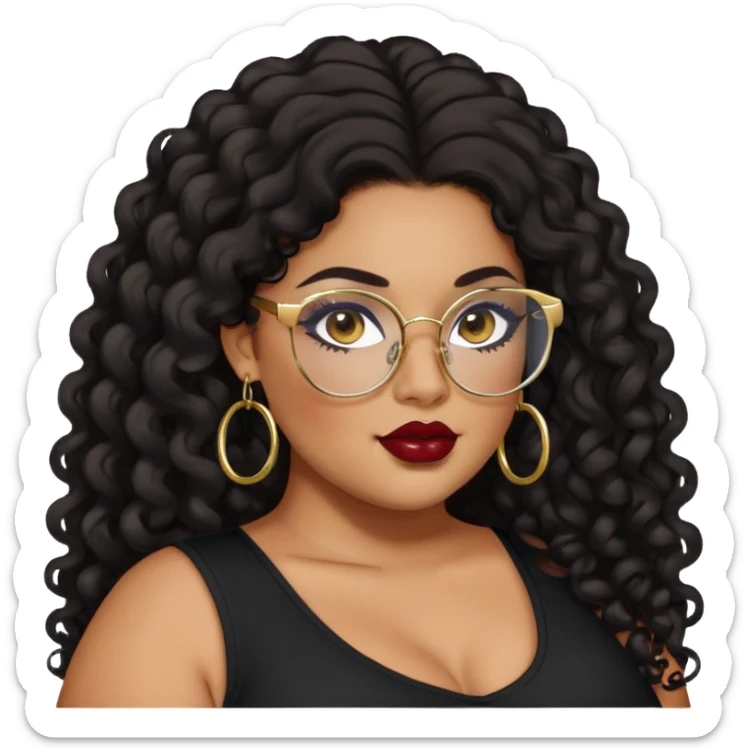 big plus size, latina, darker tan skin, gold hoops, long black curly hair, baddie,pretty, makeup, dark red lipgloss, black eyeliner, long hair, black top, black glasses sticker