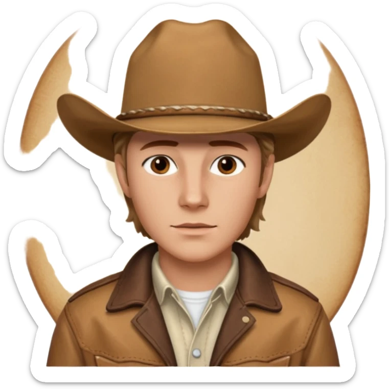 Ennis Del Mar from Brokeback Mountain with brown eyes, dark blonde hair, ivory shirt, brown jacket and cowboy hat sticker