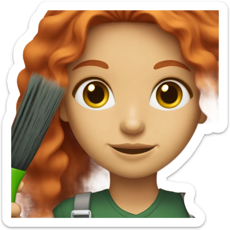 A female hair stylist with long red hair and green eyes with a hair brush in her hand sticker