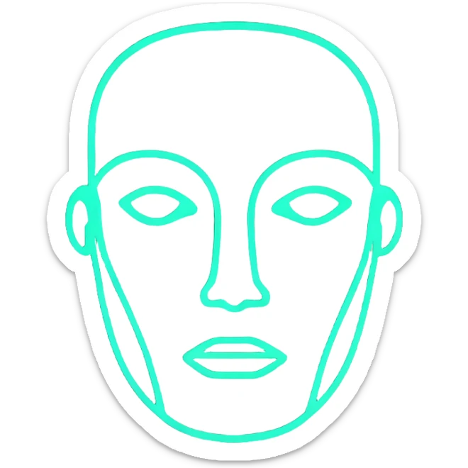 Minimalist futuristic AI avatar — clean glowing outline of a humanoid face, half-abstract with light reflections. sticker