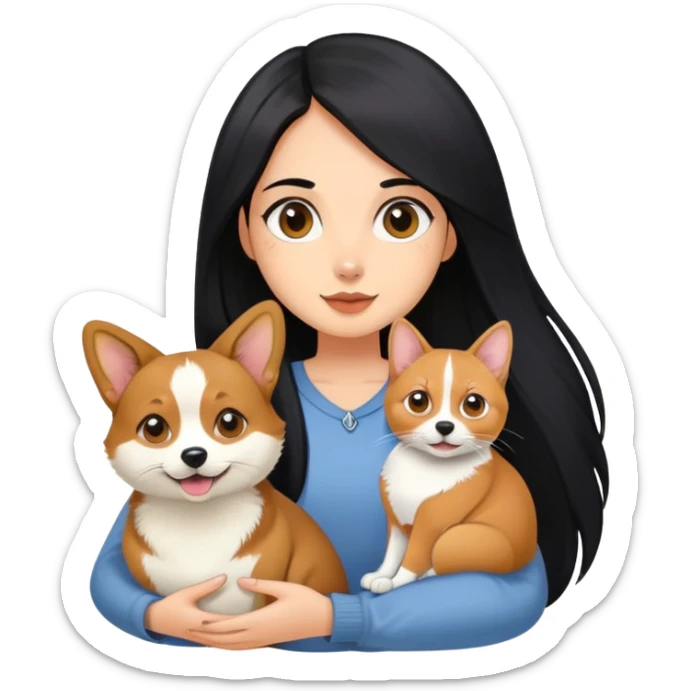 The girl with long black hair holding a corgi and a Abyssinian cat sticker