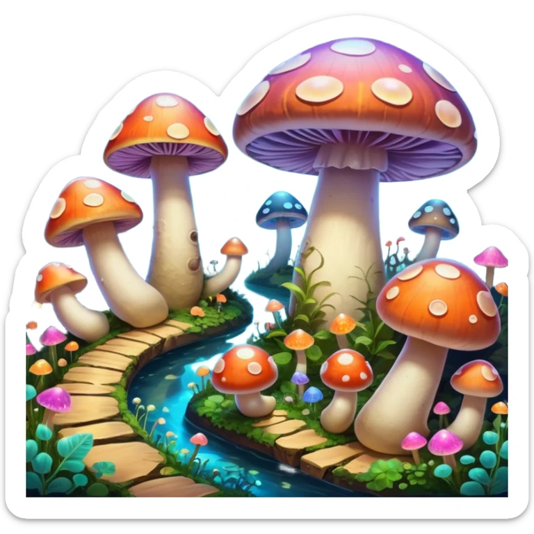  "A whimsical mushroom world filled with giant glowing mushrooms, soft bioluminescent spores floating through the air, and friendly oversized snails with colorful spiral shells exploring the landscape. Fantasy atmosphere, vibrant colors, dreamy lighting, highly detailed sticker