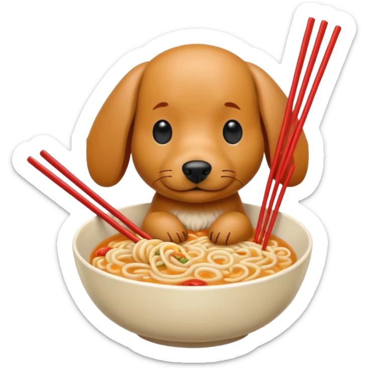 retro arcade style weenie dog eating ramen noodles out of bowl with chopsticks sticker