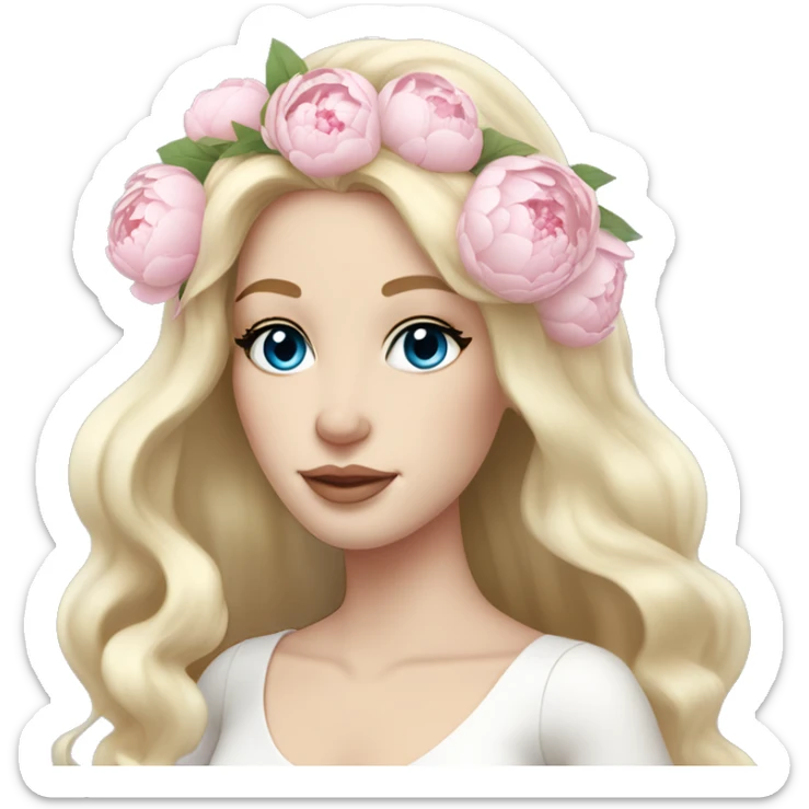 White bride with long light blonde hair and blue eyes with light pink peonies in hair white skin light pink lips sticker