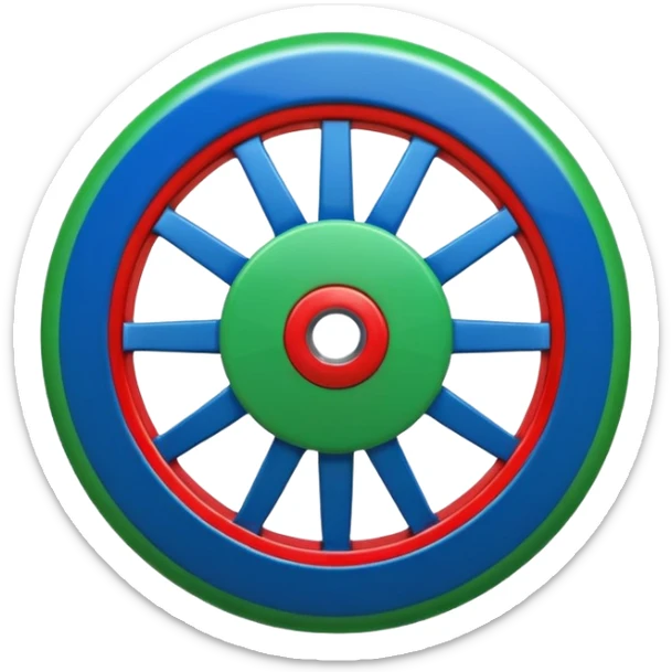 Glossy 3D emoji, blue top, green bottom, large red spoked wheel in center. Geometric symbol, no face. sticker