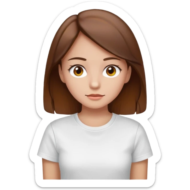 A Girl with Brown hair and Brown eyes with a t-shirt White. The t-shirt have un  sticker