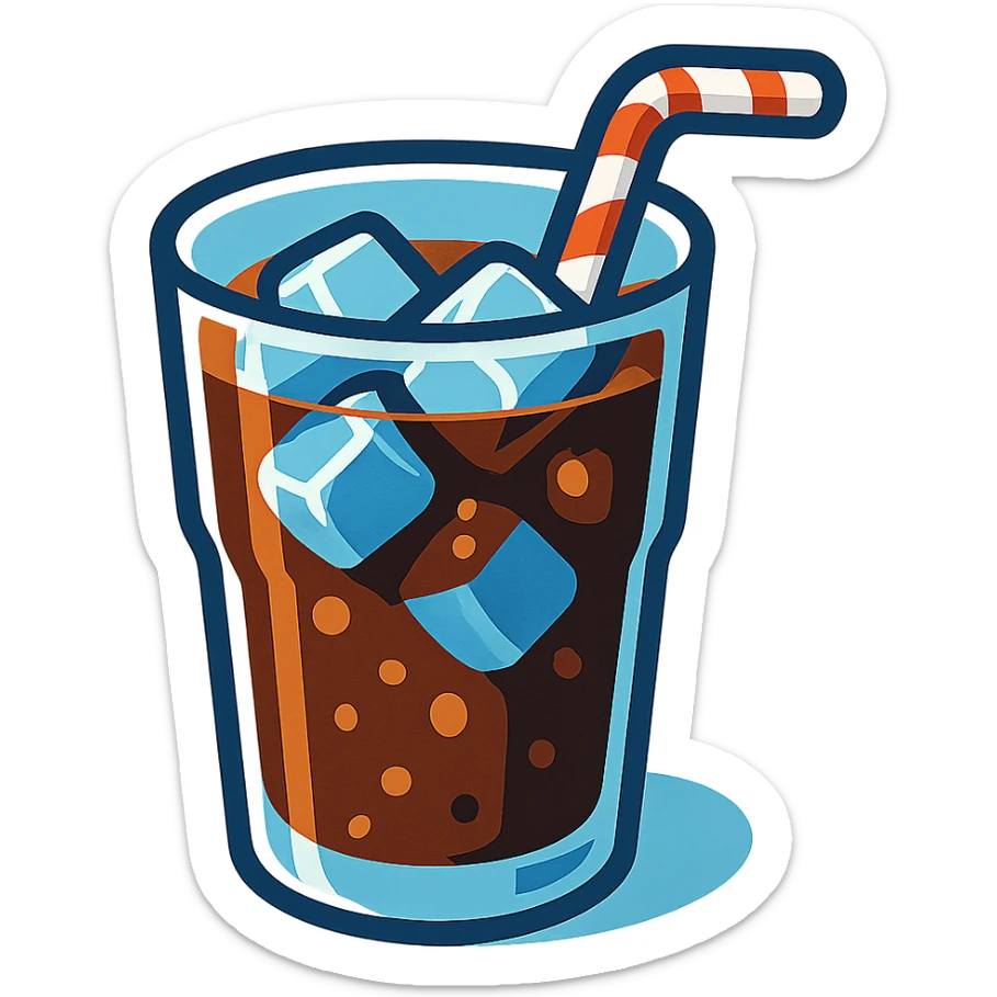 3D illustration of a glass of soda with ice cubes and a straw, realistic and refreshing look sticker