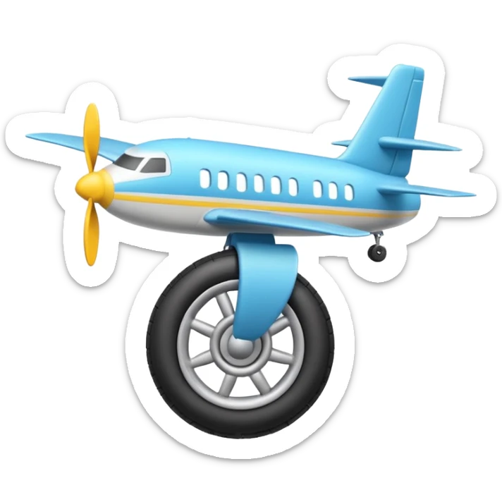 Emoji-style airplane landing gear with a single inflated, puffy wheel and a strut, cartoon-like, 3D, soft rounded shapes, clean lines, isolated on white background, minimal shading, emoji aesthetic sticker