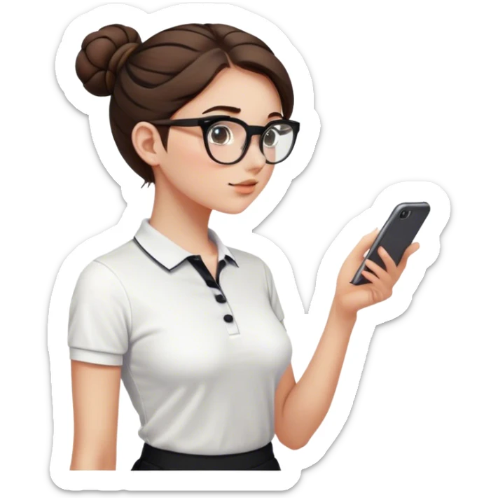 pretty girl white glasses side view white polo black shorts brown hair in a bun sticker
