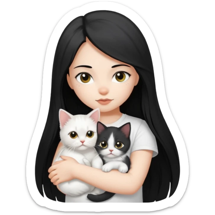 a girl with long dark black straight hair, in a white t-shirt, hugs a persian kitten 3 months old had a half spot black on her face and white one cat. emoji | AI Emoji Generator sticker