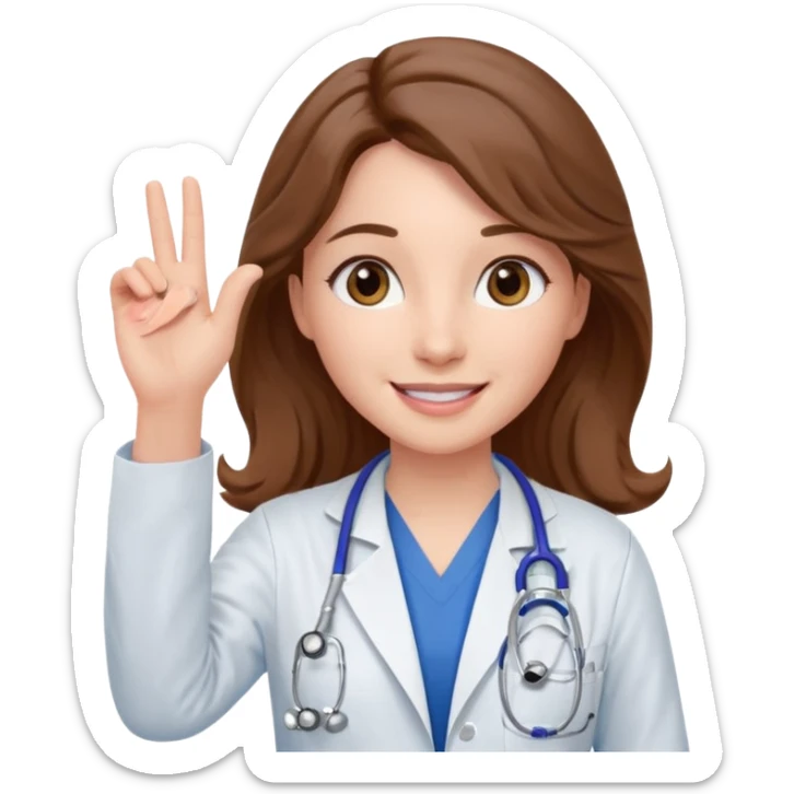 Barbie like emoji of a white woman with brown eyes and long wavy brown hair wearing blue scrubs, white lab coat, pink stethoscope, and raising one hand and a warm smile sticker