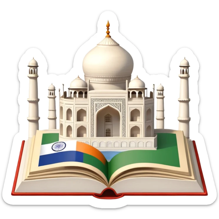 An icon featuring the Taj Mahal and the flag of India, symbolizing the Hindi language. The design includes an open book with hindi text, representing language learning and cultural richness. Transparent background highlights the heritage of India. sticker