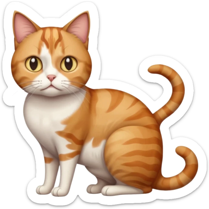 full body white, ginger and brown tabby calicio cat with skinny head and fat body with an anxious face sticker