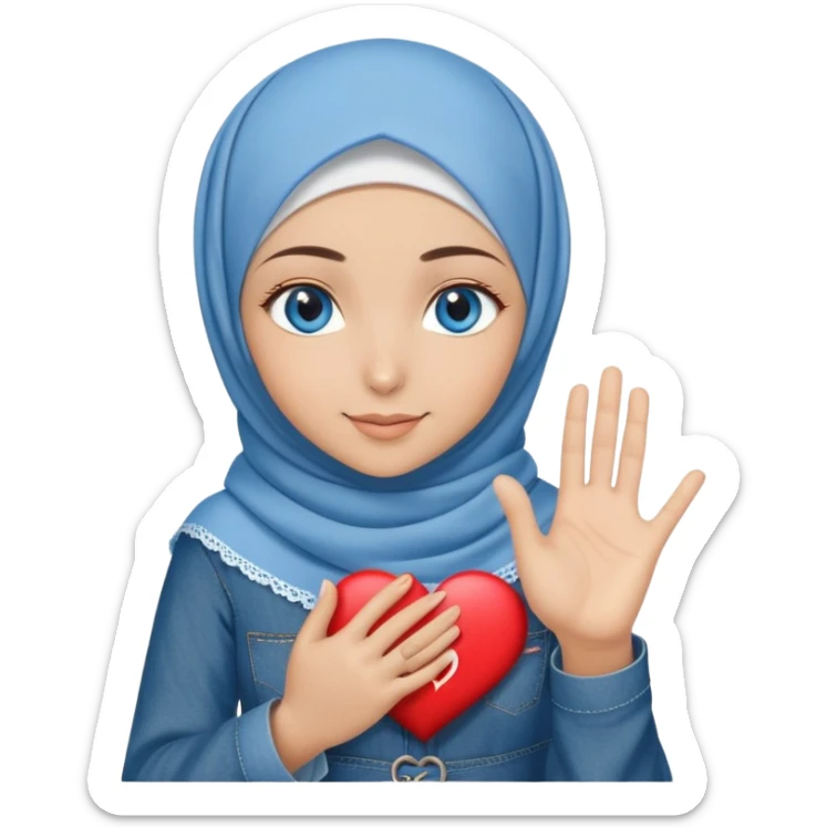Turkish beautiful finish Konya girl blue eyes with denim hijab islamic dress and making heart with hands and with thank you text sticker