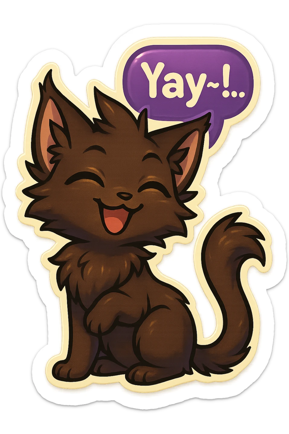 a dark-brown fluffy cute kawaii anthropomorphic furry anime cat-furry with tufted ears, golden eyes, and a long thin tufted tail, happy, grinning, closed eyes, pleased expression, saying “Yay~!..” with a purple speech bubble, (cartoon style) (cute anime style) (furry style) (deviantArt style) (artist style: Kamirah) sticker