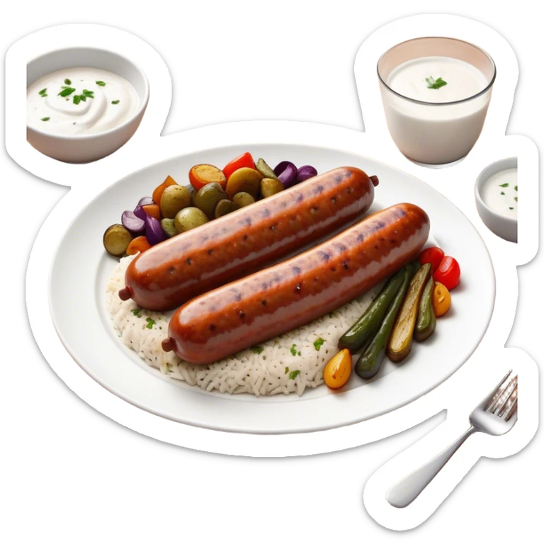 Cinematic Realistic image of a long, sausage-shaped Turkish Köfte, rendered with richly spiced meat textures and subtle grill marks, artfully arranged on a traditional Turkish ceramic plate alongside classic sides such as a serving of aromatic pilaf, crisp grilled vegetables, and a dollop of creamy yogurt, all bathed in warm, appetizing lighting that emphasizes its savory allure. sticker