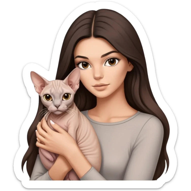 brunette Kendall Jenner with long hair holding on the hands a white Sphynx cat and a grey Sphynx sticker