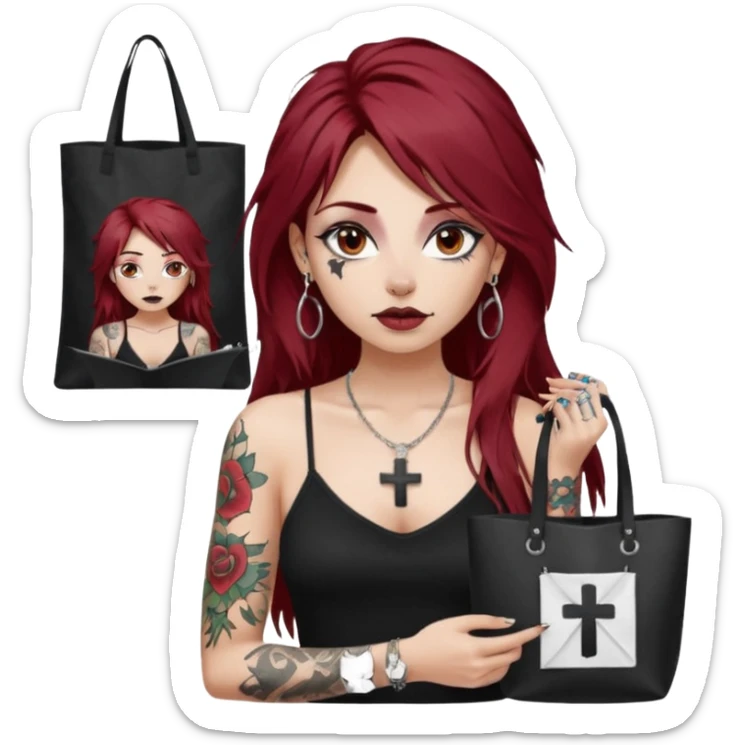 generate an ios genmoji of a fair girl with long dark red messy hair with eyeliner on her eyes.  septum piercing, wearing a cami black top, has tattoos, on shoulders. ear piercings. wearing a cross silver necklace. carrying a tote bag on her shoulders with chart paper peeking out. sticker