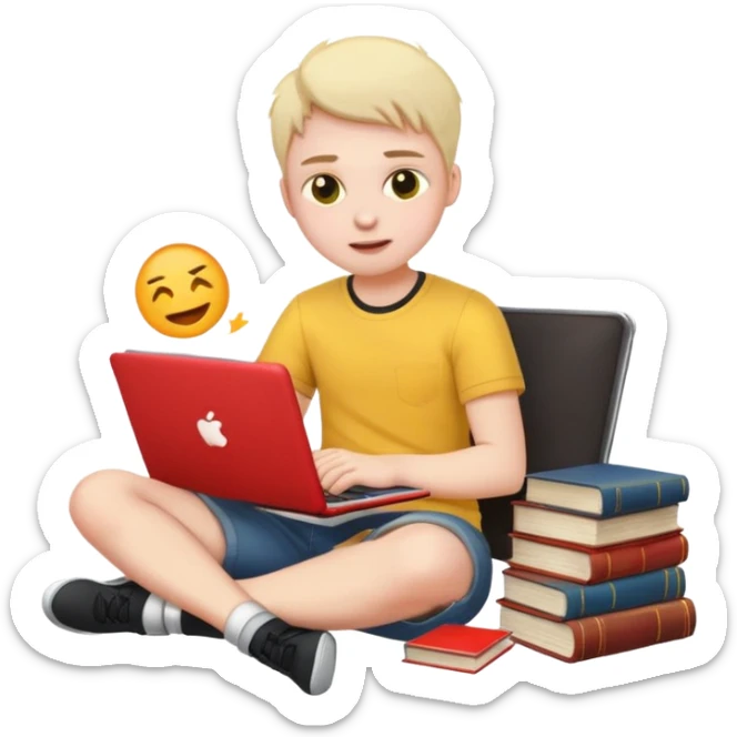a student crashing out with the laptop on the lap and books on the side -  an emoji for the emoji keyboard  sticker