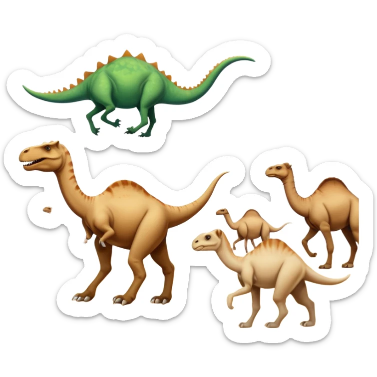 A white cat chasing a T-Rex in the desert with a herd of camels staring at them sticker