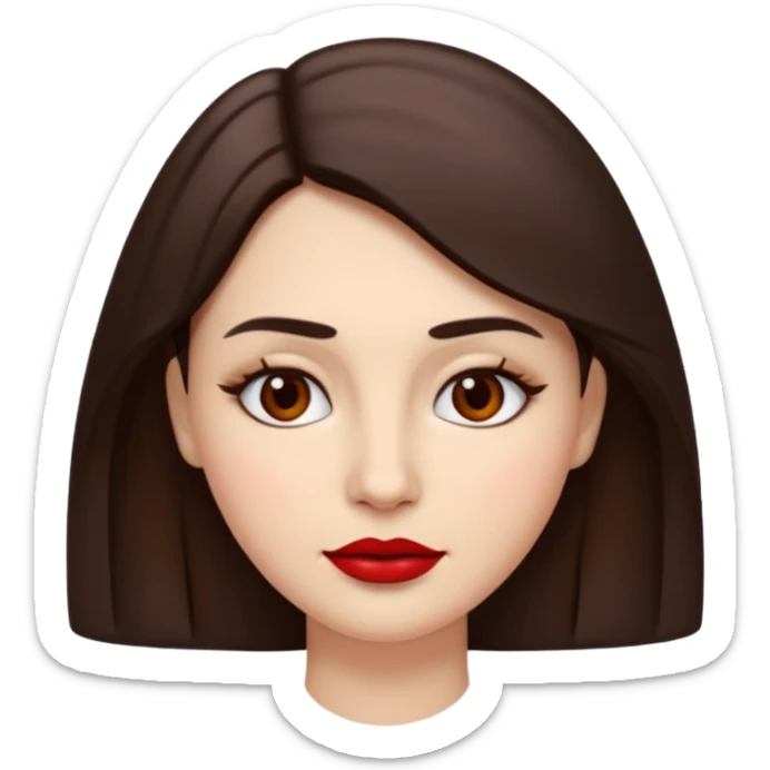 A woman emoji with fair skin, slightly wavy dark brown hair parted in the middle, an oval-shaped face, arched dark eyebrows, almond-shaped brown eyes, a small straight nose, and full lips with deep red lipstick. sticker