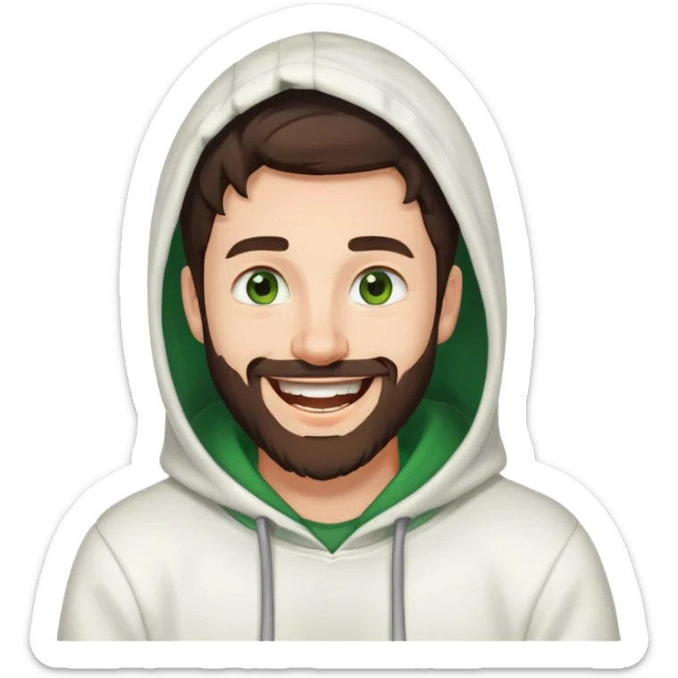 laughing guy with white hoodie, green eyes, dark brown hair and a short full beard sticker