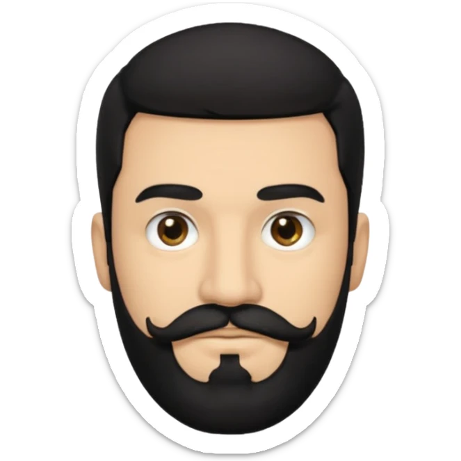 Man, hispanic skin, black hair, black beard, black mustache black eyes black t shirt sticker