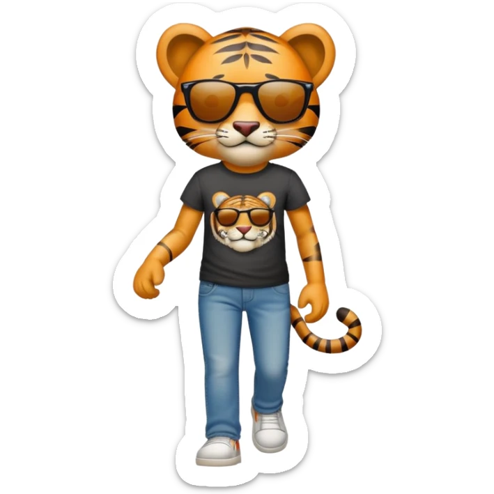 anthropomorphised tiger in a band t-shirt and jeans wearing sunglasses walking upright sticker
