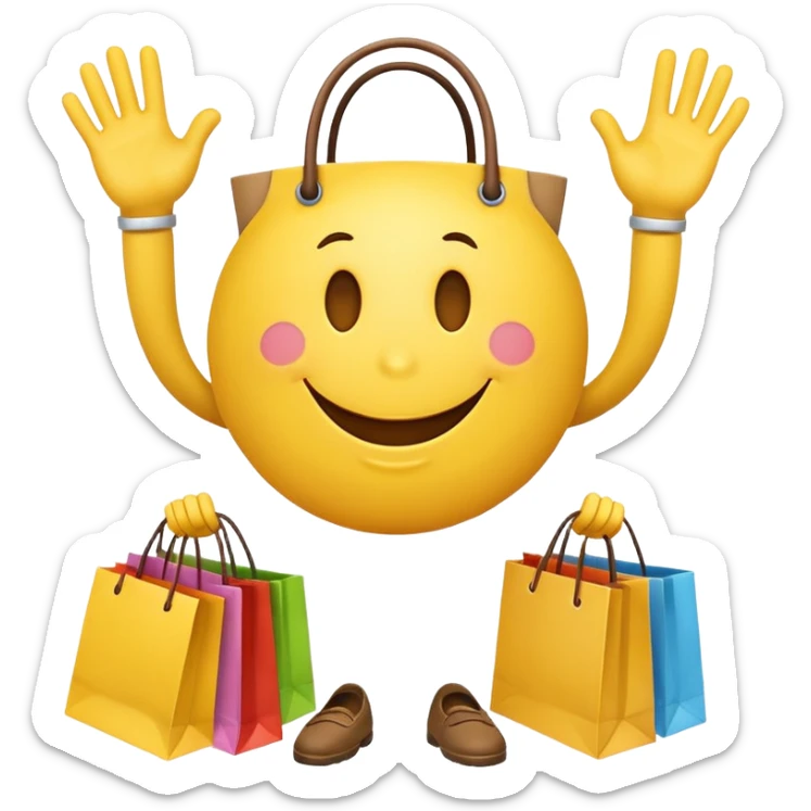 HAPPY SMILEY FACE WITH HANDS AND FEET EMOJI WITH SHOPPING BAGS IN EACH HAND sticker