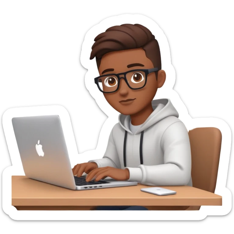a male designer in brown skin tone workin on mac book with a background have figma,framer,spline 3d logo on background  sticker