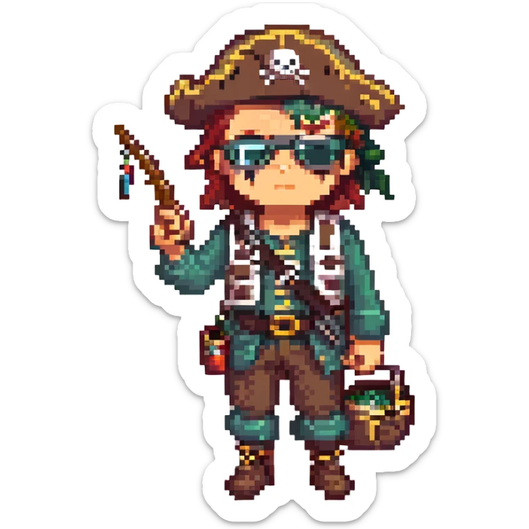 pirate with an eyepatch and fishing gear, pixel art style, simple background sticker