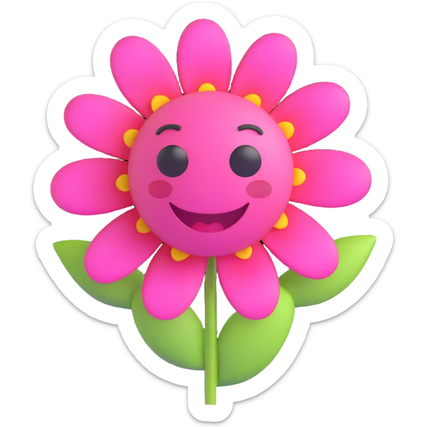 cute pink emoji face catching a flower in its mouth, playful and innocent, sparkling eyes, 3D emoji style sticker