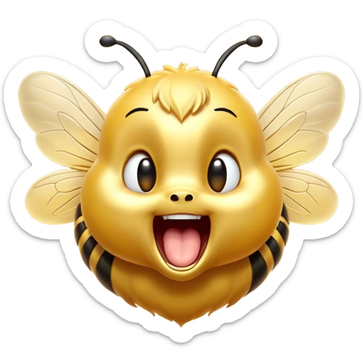 Cinematic Adorable Yawning Bee Portrait Emoji, Head tilted slightly with a dramatic, wide-open yawn, showcasing a tiny, fuzzy body with gently drooping wings and sleepy, half-closed eyes, Simplified yet irresistibly cute features, highly detailed, glowing with a soft, cozy golden glow, high shine, relaxed yet expressive, stylized with a dash of whimsical honey charm, soft glowing outline, capturing the essence of a drowsy bee that appears ready to stretch out for a nap! sticker