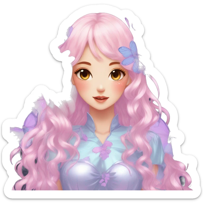 gorgeous shiny blushing anime pastel lady with butterflies and beautiful hair fairycore high quality detailed vogue trending aesthetic sticker