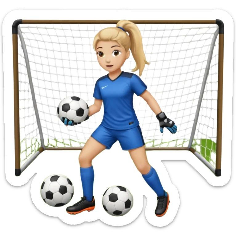Make a dirty blonde football goalkeeper with goalkeeper gloves on holding a football. The girl is light skinned and wearing a football kit and football shoes. Standing in front of football goal. Wearing a ponytail with the dirty blonde hair. Without a American football ball sticker