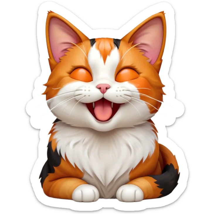Cinematic Cute Yawning Calico Cat Portrait Emoji, Head tilted mid-yawn with a charming, relaxed expression, showcasing a soft patchwork fur of vibrant orange, black, and white, simplified yet irresistibly adorable, highly detailed, glowing with a cozy, gentle radiance, high shine, exuding sleepy yet endearing charm, styled with a soft glowing outline, capturing the essence of a calico cat caught in a delightful yawn that seems ready to cuddle up for a nap! sticker