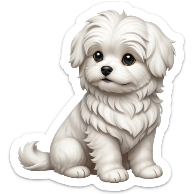 detailed-[wavy haired maltese-dog]-realistic-full-body-sitting-emoji,-tail-resting-loosely-beside-its-paws,-head-tilted-dramatically,--wavy-[white]-fur,-simplified-yet-realistic-focused-features,-highly-detailed,-glowing-with-an-almost-sarcastic sticker