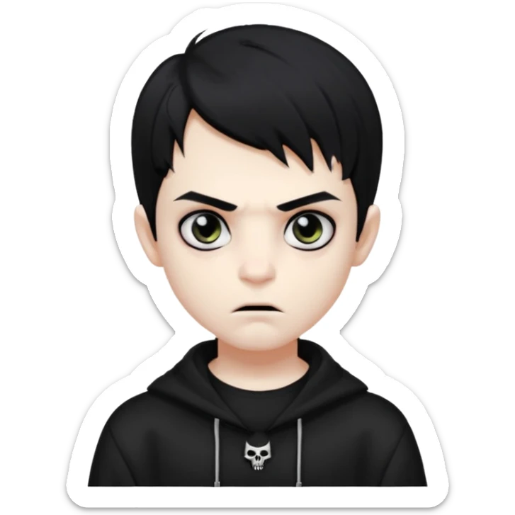Vampire boy with the black hair, pale-white skin, black eyes, little fangs and dark circles under his eyes. He has serious face and he wear a black oversize sweatshot sticker