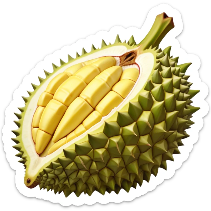 Cinematic Realistic Durian Fruit Dish Emoji, depicted as the notorious spiky fruit with a rich, custardy interior rendered with lifelike detail and bold, distinctive lighting. sticker